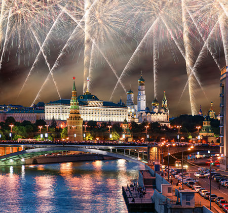 Moscow Kremlin and fireworks in honor of Victory Day celebration (WWII), Moscow, Russia-- the most popular view of Moscowの写真素材