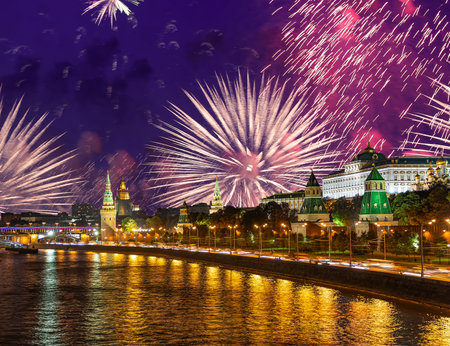 Moscow Kremlin and fireworks in honor of Victory Day celebration (WWII), Moscow, Russia-- the most popular view of Moscowの写真素材