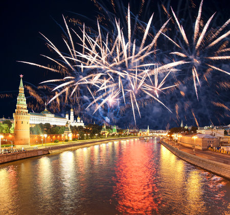 Moscow Kremlin and fireworks in honor of Victory Day celebration (WWII), Moscow, Russia-- the most popular view of Moscowの写真素材