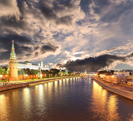 Night view of the Moskva River and Kremlin, Russia, Moscow (most popular view). Against the background of a beautiful sky with cloudsの写真素材