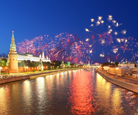 Moscow Kremlin and fireworks in honor of Victory Day celebration (WWII), Moscow, Russia-- the most popular view of Moscowの写真素材