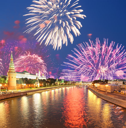 Moscow Kremlin and fireworks in honor of Victory Day celebration (WWII), Moscow, Russia-- the most popular view of Moscowの写真素材