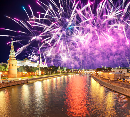 Moscow Kremlin and fireworks in honor of Victory Day celebration (WWII), Moscow, Russia-- the most popular view of Moscowの写真素材