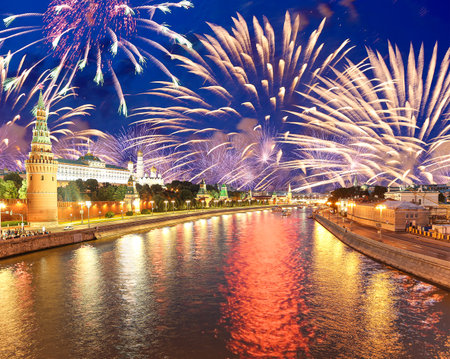 Moscow Kremlin and fireworks in honor of Victory Day celebration (WWII), Moscow, Russia-- the most popular view of Moscowの写真素材