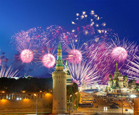 Moscow Kremlin and fireworks in honor of Victory Day celebration (WWII), Moscow, Russia-- the most popular view of Moscowの写真素材