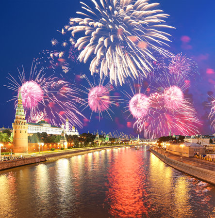 Moscow Kremlin and fireworks in honor of Victory Day celebration (WWII), Moscow, Russia-- the most popular view of Moscowの写真素材
