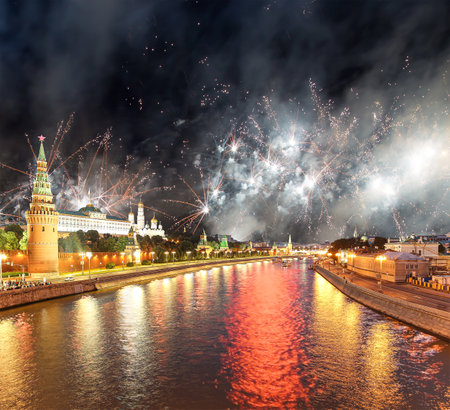 Moscow Kremlin and fireworks in honor of Victory Day celebration (WWII), Moscow, Russia-- the most popular view of Moscowの写真素材