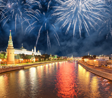 Moscow Kremlin and fireworks in honor of Victory Day celebration (WWII), Moscow, Russia-- the most popular view of Moscowの写真素材