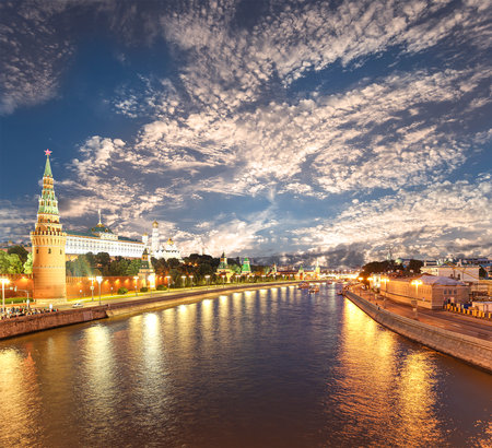 Night view of the Moskva River and Kremlin, Russia, Moscow (most popular view). Against the background of a beautiful sky with cloudsの写真素材