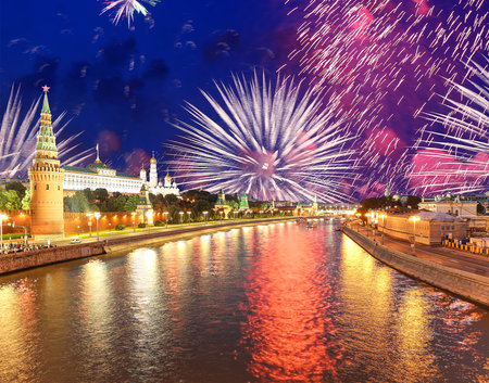 Moscow Kremlin and fireworks in honor of Victory Day celebration (WWII), Moscow, Russia-- the most popular view of Moscowの写真素材