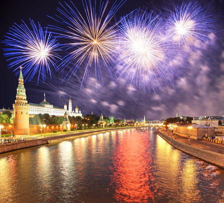 Moscow Kremlin and fireworks in honor of Victory Day celebration (WWII), Moscow, Russia-- the most popular view of Moscowの写真素材