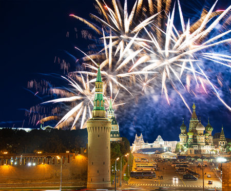 Moscow Kremlin and fireworks in honor of Victory Day celebration (WWII), Moscow, Russia-- the most popular view of Moscowの写真素材