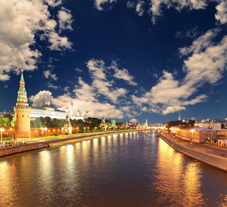 Night view of the Moskva River and Kremlin, Russia, Moscow (most popular view). Against the background of a beautiful sky with cloudsの写真素材