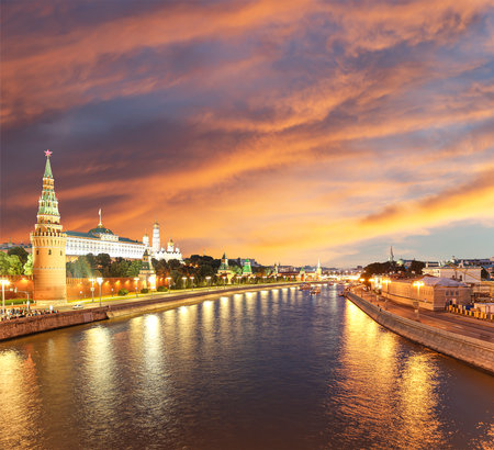 Night view of the Moskva River and Kremlin, Russia, Moscow (most popular view). Against the background of a beautiful sky with cloudsの写真素材