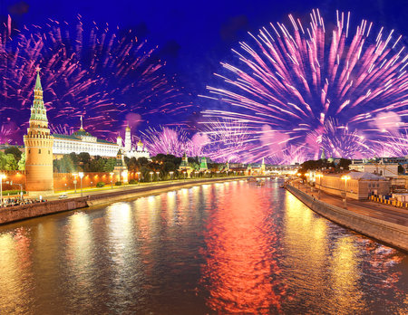 Moscow Kremlin and fireworks in honor of Victory Day celebration (WWII), Moscow, Russia-- the most popular view of Moscowの写真素材