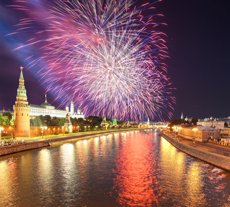 Moscow Kremlin and fireworks in honor of Victory Day celebration (WWII), Moscow, Russia-- the most popular view of Moscowの写真素材