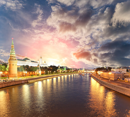 Night view of the Moskva River and Kremlin, Russia, Moscow (most popular view). Against the background of a beautiful sky with cloudsの写真素材