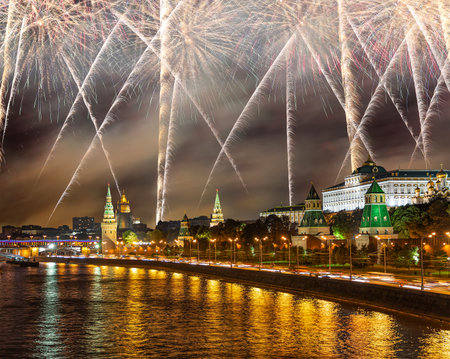 Moscow Kremlin and fireworks in honor of Victory Day celebration (WWII), Moscow, Russia-- the most popular view of Moscowの写真素材