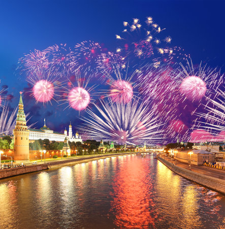 Moscow Kremlin and fireworks in honor of Victory Day celebration (WWII), Moscow, Russia-- the most popular view of Moscowの写真素材