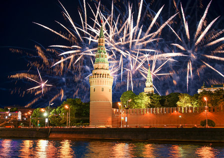 Moscow Kremlin and fireworks in honor of Victory Day celebration (WWII), Moscow, Russia-- the most popular view of Moscowの写真素材