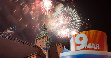 Moscow Kremlin (with decorations for the holiday of May 9) and fireworks in honor of Victory Day...