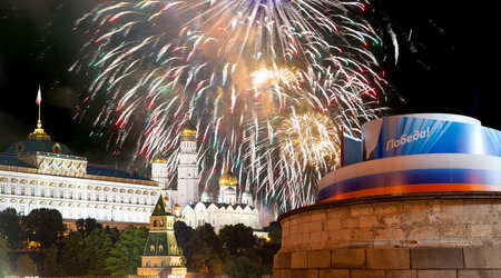 Moscow Kremlin (with decorations for the holiday of May 9) and fireworks in honor of Victory Day celebration (WWII), Russia-- the most popular view. Translation: Victoryの写真素材