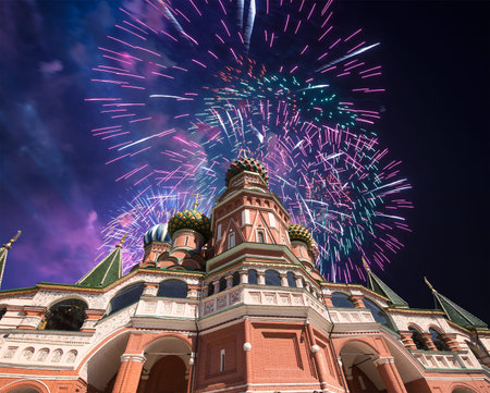 Temple of Basil the Blessed and fireworks in honor of Victory Day celebration (WWII), Red Square,...