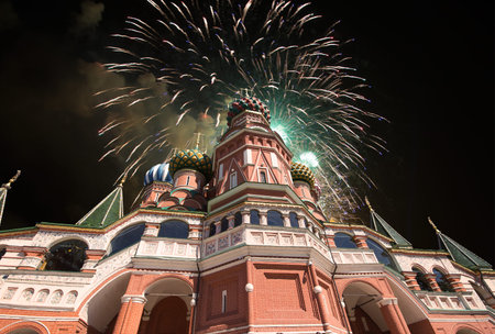 Temple of Basil the Blessed and fireworks in honor of Victory Day celebration (WWII), Red Square,...