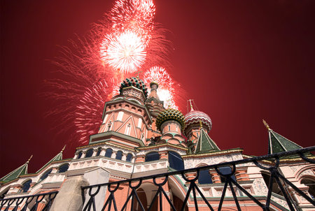 Temple of Basil the Blessed and fireworks in honor of Victory Day celebration (WWII), Red Square,...