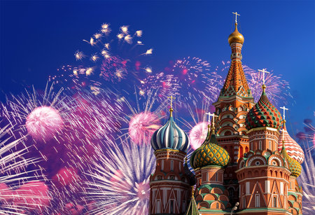 Temple of Basil the Blessed and fireworks in honor of Victory Day celebration (WWII), Red Square, Moscow, Russia.の写真素材