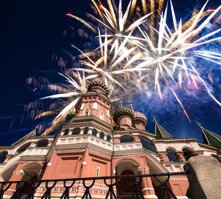 Temple of Basil the Blessed and fireworks in honor of Victory Day celebration (WWII), Red Square,...