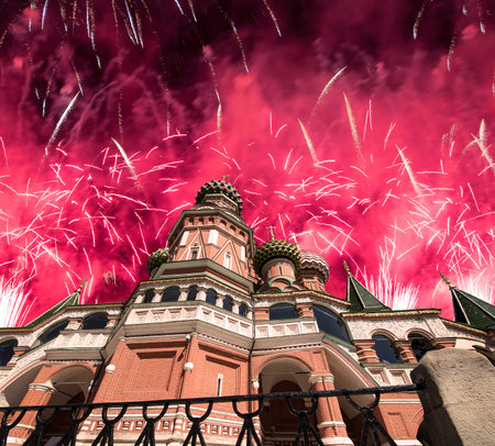 Temple of Basil the Blessed and fireworks in honor of Victory Day celebration (WWII), Red Square,...