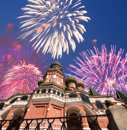 Temple of Basil the Blessed and fireworks in honor of Victory Day celebration (WWII), Red Square,...