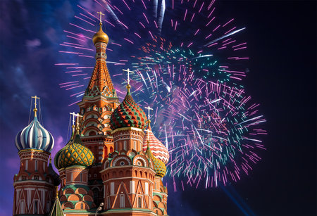 Temple of Basil the Blessed and fireworks in honor of Victory Day celebration (WWII), Red Square, Moscow, Russia.の写真素材