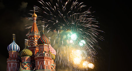 Temple of Basil the Blessed and fireworks in honor of Victory Day celebration (WWII), Red Square,...