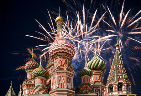 Temple of Basil the Blessed and fireworks in honor of Victory Day celebration (WWII), Red Square, Moscow, Russia.の写真素材
