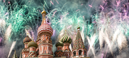 Temple of Basil the Blessed and fireworks in honor of Victory Day celebration (WWII), Red Square,...