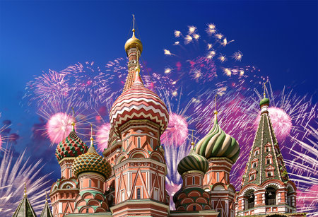 Temple of Basil the Blessed and fireworks in honor of Victory Day celebration (WWII), Red Square, Moscow, Russia.の写真素材