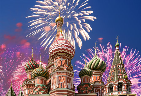 Temple of Basil the Blessed and fireworks in honor of Victory Day celebration (WWII), Red Square, Moscow, Russia.の写真素材