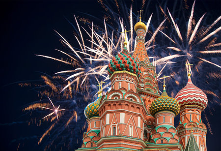 Temple of Basil the Blessed and fireworks in honor of Victory Day celebration (WWII), Red Square,...