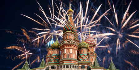 Temple of Basil the Blessed and fireworks in honor of Victory Day celebration (WWII), Red Square, Moscow, Russia.の写真素材