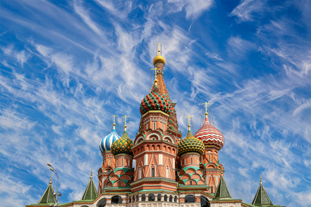 Temple of Basil the Blessed, Red Square, Moscow, Russia. Against the clouds.