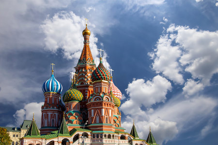 Temple of Basil the Blessed, Red Square, Moscow, Russia. Against the clouds.