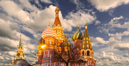 Temple of Basil the Blessed, Red Square, Moscow, Russia. Against the sunset.の写真素材