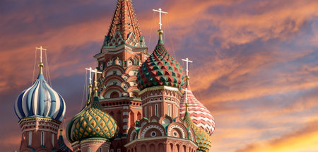 Temple of Basil the Blessed, Red Square, Moscow, Russia. Against the sunset.の写真素材