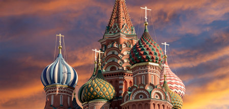 Temple of Basil the Blessed, Red Square, Moscow, Russia. Against the sunset.の写真素材