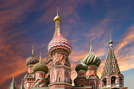 Temple of Basil the Blessed, Red Square, Moscow, Russia. Against the sunset.の写真素材