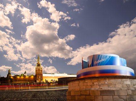 Moscow Kremlin (with decorations for the holiday of May 9 in honor of Victory Day celebration (WWII). Against the sky with clouds, Russia. TRANSLATION: Victory!の写真素材