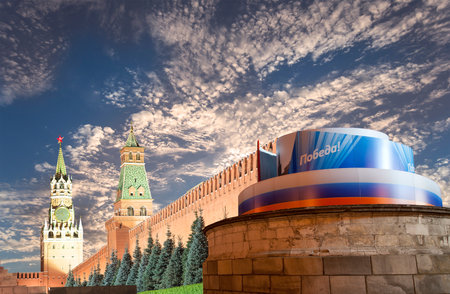 Moscow Kremlin (with decorations for the holiday of May 9 in honor of Victory Day celebration (WWII). Against the sky with clouds, Russia. TRANSLATION: Victory!の写真素材