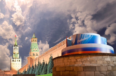 Moscow Kremlin (with decorations for the holiday of May 9 in honor of Victory Day celebration (WWII). Against the sky with clouds, Russia. TRANSLATION: Victory!の写真素材